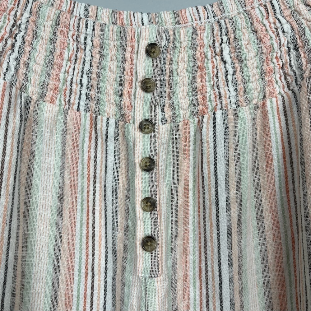 Cato linen blend ivory peach & green striped smocked waist wide leg pants, Med. - Picture 5 of 10